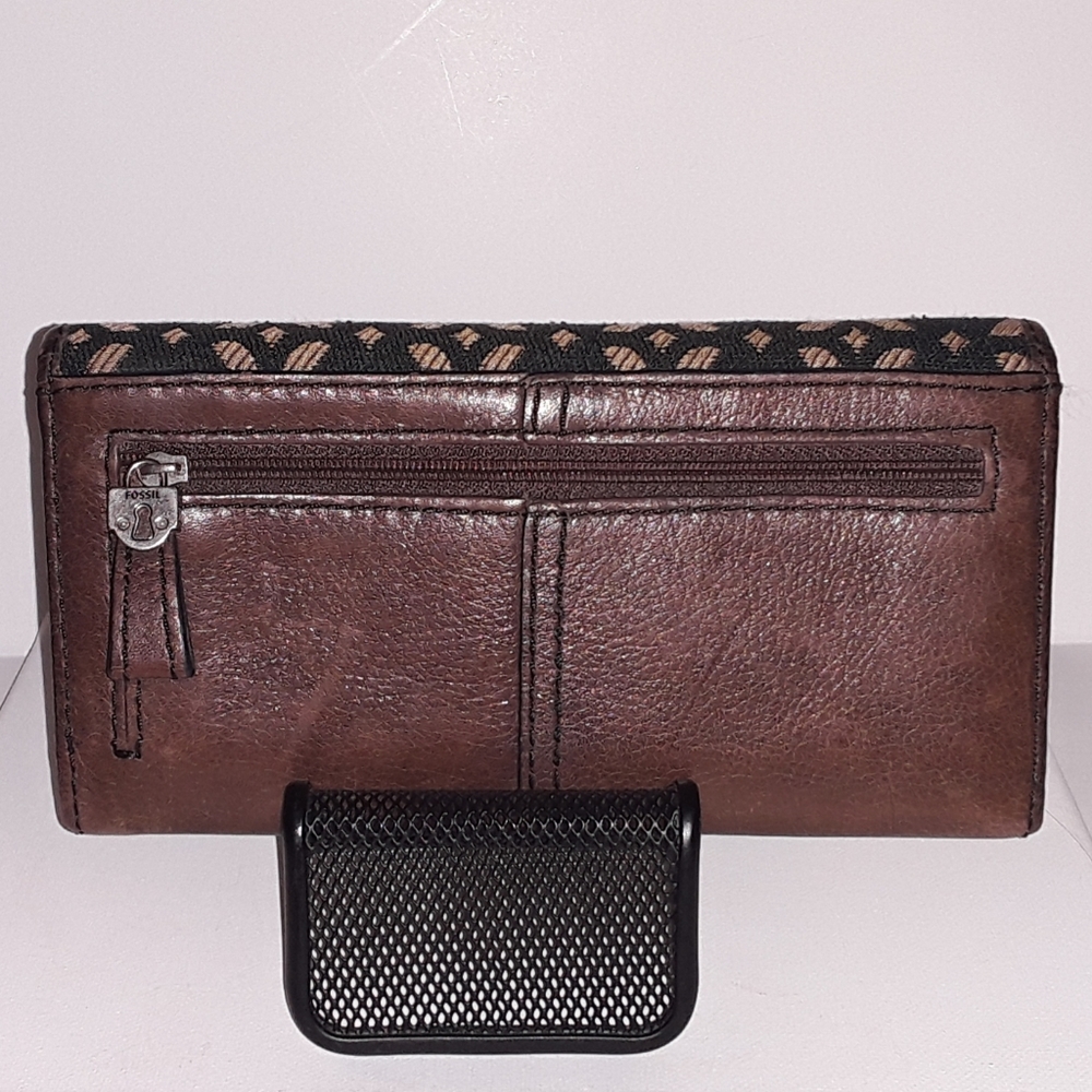 Fossil Leather & Canvas Trifold Wallet - Euc - image 3